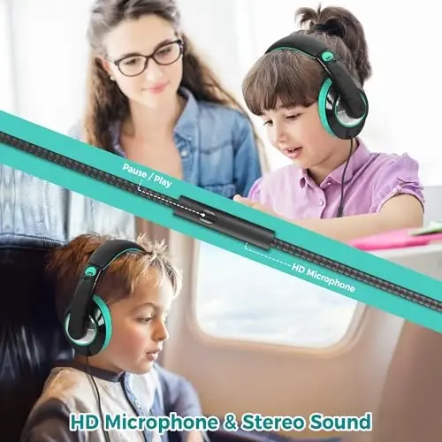 rockpapa Comfort+ Kids Headphones with Microphone, Boys Girls Student Over-Ear Headphones Wired Foldable for School Classroom Laptop PC Computer Tablet Black Teal - 4