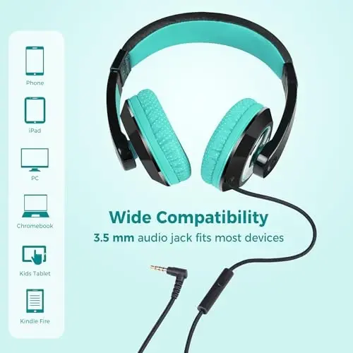 rockpapa Comfort+ Kids Headphones with Microphone, Boys Girls Student Over-Ear Headphones Wired Foldable for School Classroom Laptop PC Computer Tablet Black Teal - 5
