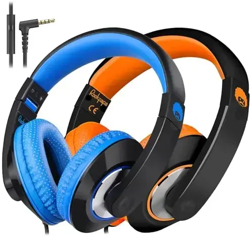 rockpapa Comfort+ Kids Headphones with Microphone, Boys Girls Student Over-Ear Headphones Wired for School Classroom Laptop PC Computer Tablet Black/Blue+Black/Orange - 1