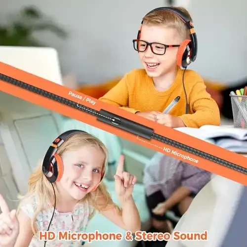 rockpapa Comfort+ Kids Headphones with Microphone, Boys Girls Student Over-Ear Headphones Wired for School Classroom Laptop PC Computer Tablet Black/Blue+Black/Orange - 4