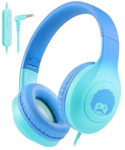 rockpapa Kids Headphones, Wired Headphones for Kids with Microphone, 85/94dB Volume Limiter Head Phones for Girls Boys, Foldable Headphone for School Tablet Laptop Blue Green - 1