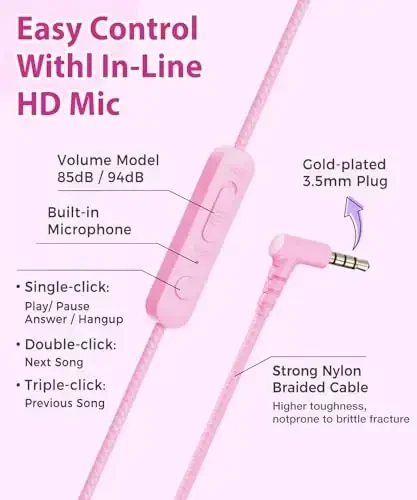 rockpapa Kids Headphones, Wired Headphones for Kids with Microphone, 85/94dB Volume Limiter Head Phones for Girls Boys, Foldable Headphone for School Tablet Laptop Purple Pink - 3