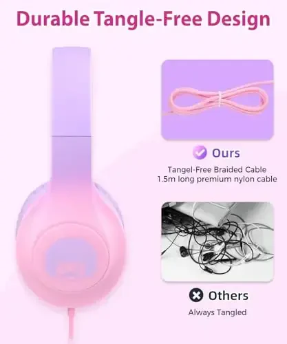 rockpapa Kids Headphones, Wired Headphones for Kids with Microphone, 85/94dB Volume Limiter Head Phones for Girls Boys, Foldable Headphone for School Tablet Laptop Purple Pink - 4