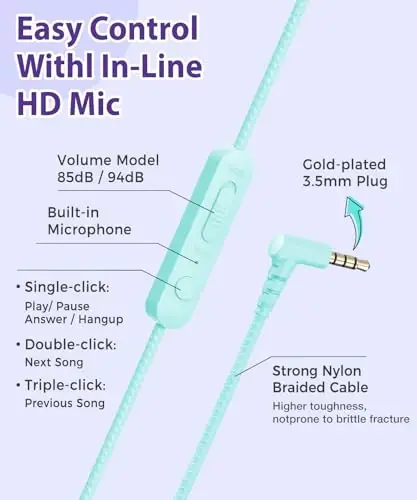 rockpapa Kids Headphones, Wired Headphones for Kids with Microphone, 85/94dB Volume Limiter Headphone for Girls Boys, Foldable Head Phones for School Tablet Laptop Purple Teal - 3