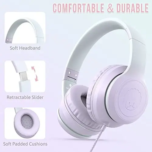 rockpapa L22 Wired Headphones for Kids Girls Boys Women with Microphone, Foldable Stereo 3.5mm Corded Headphones for School Classroom Chromebooks Computer Laptop Phone Airplane (Purple) - 2
