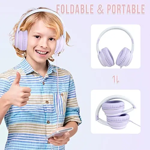 rockpapa L22 Wired Headphones for Kids Girls Boys Women with Microphone, Foldable Stereo 3.5mm Corded Headphones for School Classroom Chromebooks Computer Laptop Phone Airplane (Purple) - 4