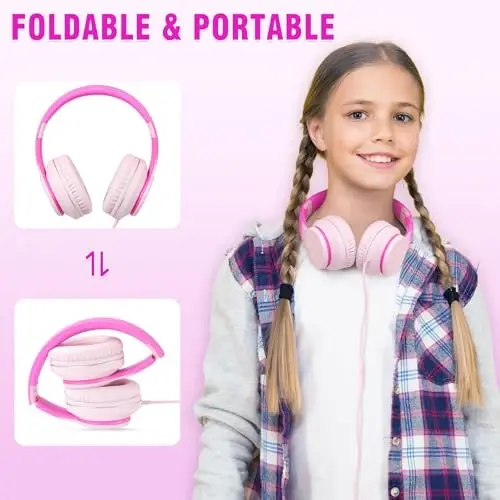 rockpapa L22 Mikrofonli bolalar qizlar o'g'il bolalar ayollar uchun simli naushniklar, Maktab Chromebook planshet noutbuk samolyoti Gradient pushti uchun buklanadigan 3,5 mm simli naushniklar - 5
