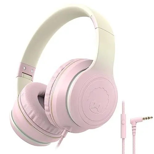 rockpapa L22 Mikrofonli bolalar, qizlar, o'g'il bolalar, ayollar uchun simli naushniklar, maktab sinf xonalari, Chromebooklar, kompyuter, noutbuk, telefon, samolyot uchun katlanadigan stereo 3,5 mm simli naushniklar (pushti) 