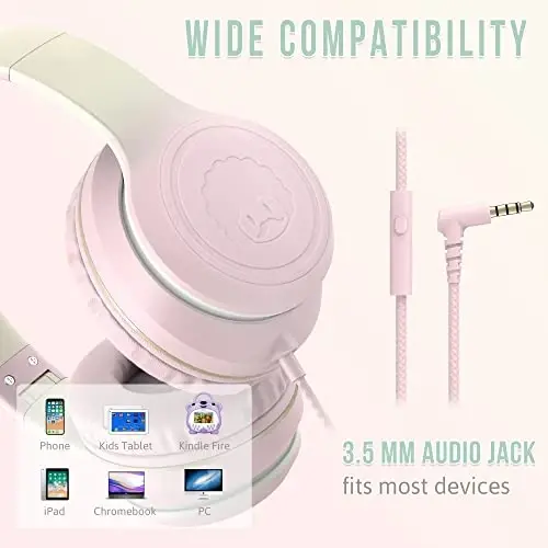 rockpapa L22 Mikrofonli bolalar, qizlar, o'g'il bolalar, ayollar uchun simli naushniklar, maktab sinf xonalari, Chromebooklar, kompyuter, noutbuk, telefon, samolyot uchun katlanadigan stereo 3,5 mm simli naushniklar (pushti) - 5
