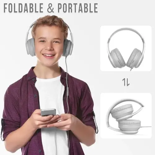 rockpapa L22 Mikrofonli bolalar, qizlar, o'g'il bolalar, ayollar uchun simli naushniklar, maktab sinf xonalari Chromebooklar kompyuter noutbuk telefon samolyoti uchun katlanadigan stereo 3,5 mm simli naushniklar (kulrang) - 4