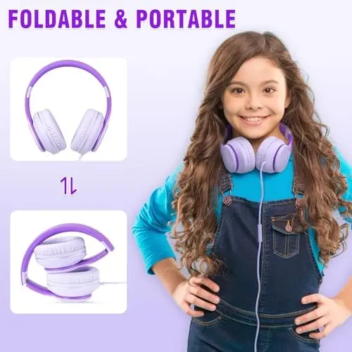 rockpapa L22 Mikrofonli simli qizlar, o'g'il bolalar va ayollar uchun simli naushniklar, maktab Chromebooklari planshet noutbuk samolyoti Gradient binafsha uchun buklanadigan 3,5 mm simli naushniklar - 5