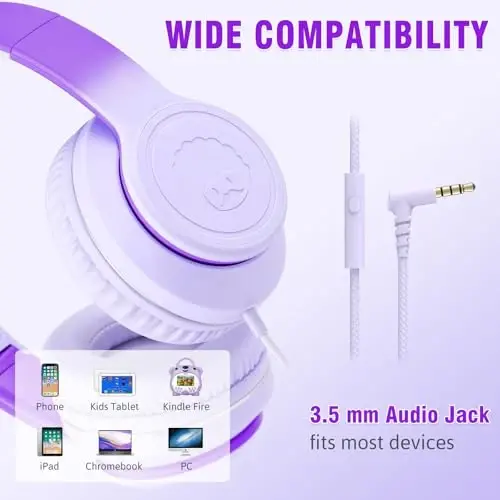 rockpapa L22 Mikrofonli simli qizlar, o'g'il bolalar va ayollar uchun simli naushniklar, maktab Chromebooklari planshet noutbuk samolyoti Gradient binafsha uchun buklanadigan 3,5 mm simli naushniklar - 4