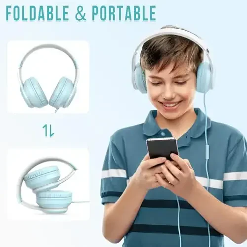 rockpapa L22 Mikrofonli simli qizlar, o'g'il bolalar va ayollar uchun simli naushniklar, maktab sinfi Chromebooklari kompyuter noutbuk telefon samolyoti uchun katlanadigan stereo 3,5 mm simli naushniklar (ko'k) - 4