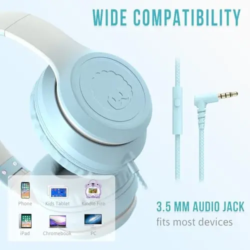 rockpapa L22 Mikrofonli simli qizlar, o'g'il bolalar va ayollar uchun simli naushniklar, maktab sinfi Chromebooklari kompyuter noutbuk telefon samolyoti uchun katlanadigan stereo 3,5 mm simli naushniklar (ko'k) - 5