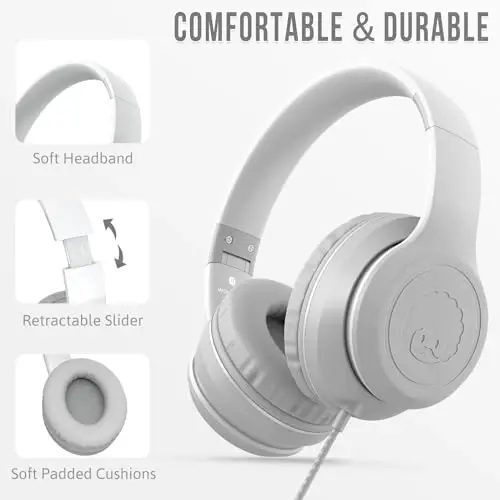 rockpapa L22 Wired Headphones for Kids Girls Boys Women with Microphone, Foldable Stereo 3.5mm Corded Headphones for School Classroom Chromebooks Computer Laptop Phone Airplane (Grey) - ROCKPAPA (1)
