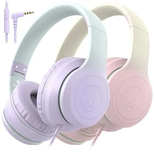 rockpapa L22 Wired Headphones for Kids Girls Boys Women with Microphone, Foldable Stereo 3.5mm Corded Headphones for School Classroom Chromebooks Computer Laptop Phone Airplane (Purple+Pink) 