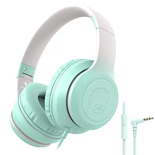 rockpapa L22 Wired Headphones for Kids Girls Boys Women with Microphone, Foldable Stereo 3.5mm Corded Headphones for School Classroom Chromebooks Computer Laptop Phone Airplane (Teal) 