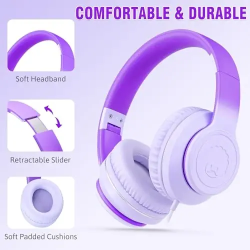 rockpapa L22 Wired Headphones for Kids Girls Boys Women with Microphone, Foldable 3.5mm Corded Headphones for School Chromebooks Tablet Laptop Airplane Gradient Purple - 2