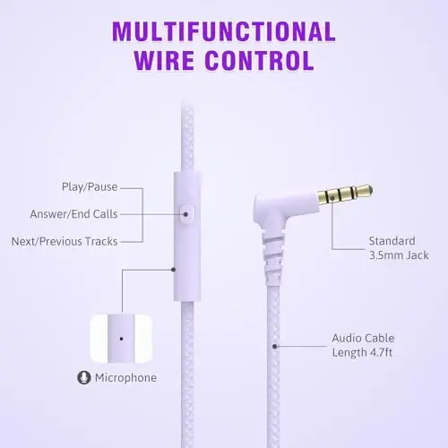 rockpapa L22 Wired Headphones for Kids Girls Boys Women with Microphone, Foldable 3.5mm Corded Headphones for School Chromebooks Tablet Laptop Airplane Gradient Purple - 3