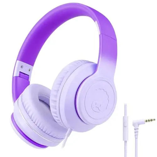rockpapa L22 Wired Headphones for Kids Girls Boys Women with Microphone, Foldable 3.5mm Corded Headphones for School Chromebooks Tablet Laptop Airplane Gradient Purple 