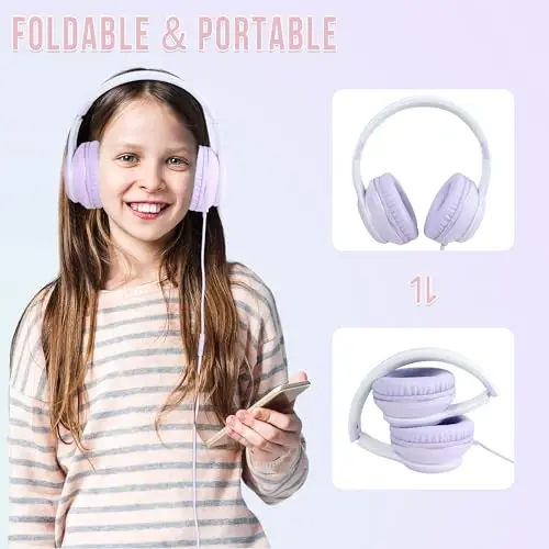 rockpapa L22 Wired Headphones for Kids Girls Boys Women with Microphone, Foldable Stereo 3.5mm Corded Headphones for School Classroom Chromebooks Computer Laptop Phone Airplane (Purple+Teal) - 3