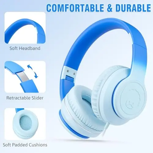 rockpapa L22 Wired Headphones for Kids Girls Boys Women with Microphone, Foldable 3.5mm Corded Headphones for School Chromebooks Tablet Laptop Airplane Gradient Blue - 2