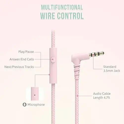 rockpapa L22 Wired Headphones for Kids Girls Boys Women with Microphone, Foldable Stereo 3.5mm Corded Headphones for School Classroom Chromebooks Computer Laptop Phone Airplane (Pink) - 3