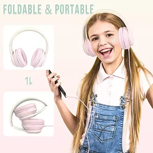 rockpapa L22 Wired Headphones for Kids Girls Boys Women with Microphone, Foldable Stereo 3.5mm Corded Headphones for School Classroom Chromebooks Computer Laptop Phone Airplane (Pink) - 4