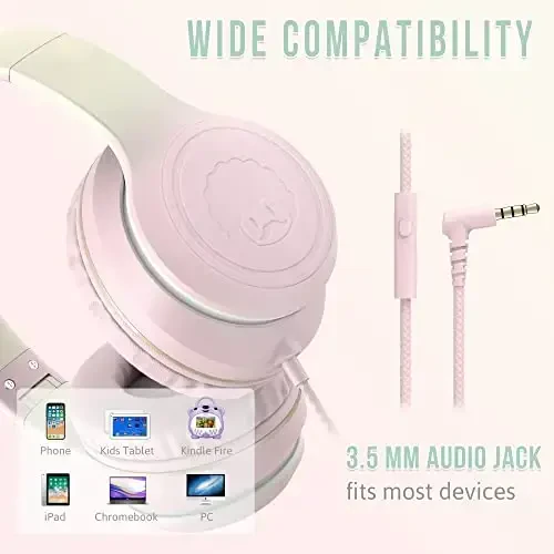 rockpapa L22 Wired Headphones for Kids Girls Boys Women with Microphone, Foldable Stereo 3.5mm Corded Headphones for School Classroom Chromebooks Computer Laptop Phone Airplane (Pink) - 5