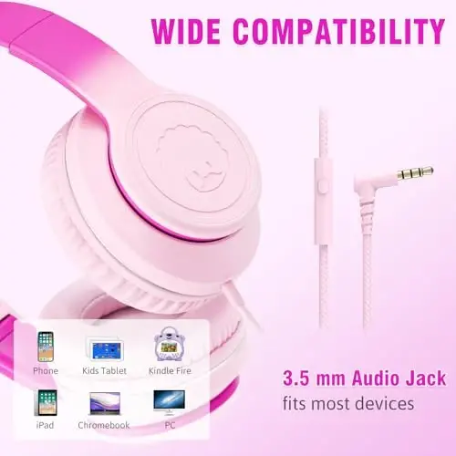 rockpapa L22 Wired Headphones for Kids Girls Boys Women with Microphone, Foldable 3.5mm Corded Headphones for School Chromebooks Tablet Laptop Airplane Gradient Pink - 4