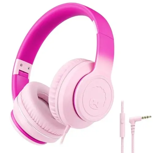 rockpapa L22 Wired Headphones for Kids Girls Boys Women with Microphone, Foldable 3.5mm Corded Headphones for School Chromebooks Tablet Laptop Airplane Gradient Pink 