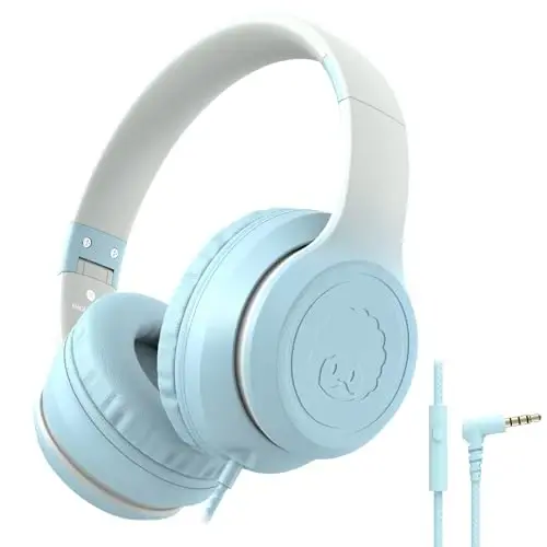 rockpapa L22 Wired Headphones for Kids Girls Boys Women with Microphone, Foldable Stereo 3.5mm Corded Headphones for School Classroom Chromebooks Computer Laptop Phone Airplane (Blue) 