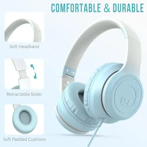 rockpapa L22 Wired Headphones for Kids Girls Boys Women with Microphone, Foldable Stereo 3.5mm Corded Headphones for School Classroom Chromebooks Computer Laptop Phone Airplane (Blue) - ROCKPAPA (1)