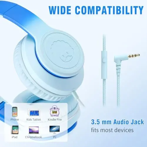 rockpapa L22 Wired Headphones for Kids Girls Boys Women with Microphone, Foldable 3.5mm Corded Headphones for School Chromebooks Tablet Laptop Airplane Gradient Blue - 4