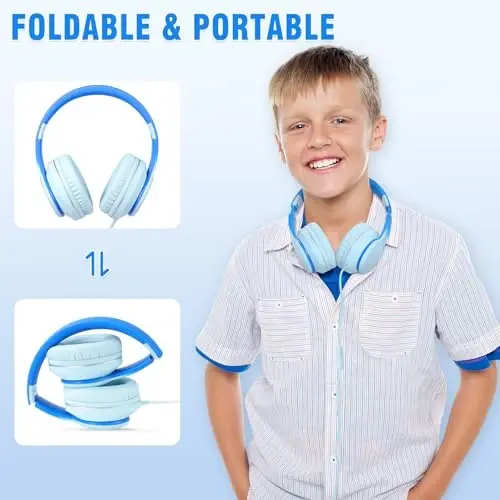 rockpapa L22 Wired Headphones for Kids Girls Boys Women with Microphone, Foldable 3.5mm Corded Headphones for School Chromebooks Tablet Laptop Airplane Gradient Blue - 5