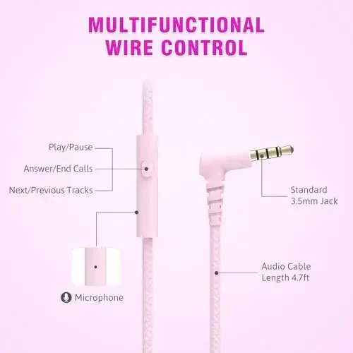 rockpapa L22 Wired Headphones for Kids Girls Boys Women with Microphone, Foldable 3.5mm Corded Headphones for School Chromebooks Tablet Laptop Airplane Gradient Pink - 3