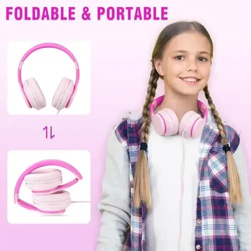 rockpapa L22 Wired Headphones for Kids Girls Boys Women with Microphone, Foldable 3.5mm Corded Headphones for School Chromebooks Tablet Laptop Airplane Gradient Pink - 5