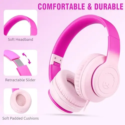 rockpapa L22 Wired Headphones for Kids Girls Boys Women with Microphone, Foldable 3.5mm Corded Headphones for School Chromebooks Tablet Laptop Airplane Gradient Pink - 2