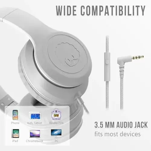 rockpapa L22 Wired Headphones for Kids Girls Boys Women with Microphone, Foldable Stereo 3.5mm Corded Headphones for School Classroom Chromebooks Computer Laptop Phone Airplane (Grey) - 5