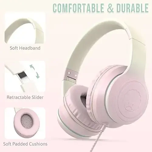 rockpapa L22 Wired Headphones for Kids Girls Boys Women with Microphone, Foldable Stereo 3.5mm Corded Headphones for School Classroom Chromebooks Computer Laptop Phone Airplane (Pink) - ROCKPAPA (1)