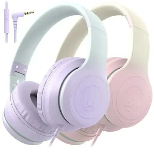 rockpapa L22 Wired Headphones for Kids Girls Boys Women with Microphone, Foldable Stereo 3.5mm Corded Headphones for School Classroom Chromebooks Computer Laptop Phone Airplane (Purple+Pink) - 1