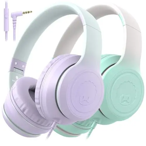 rockpapa L22 Wired Headphones for Kids Girls Boys Women with Microphone, Foldable Stereo 3.5mm Corded Headphones for School Classroom Chromebooks Computer Laptop Phone Airplane (Purple+Teal) 