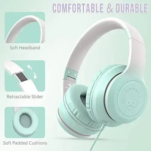 rockpapa L22 Wired Headphones for Kids Girls Boys Women with Microphone, Foldable Stereo 3.5mm Corded Headphones for School Classroom Chromebooks Computer Laptop Phone Airplane (Teal) - 2