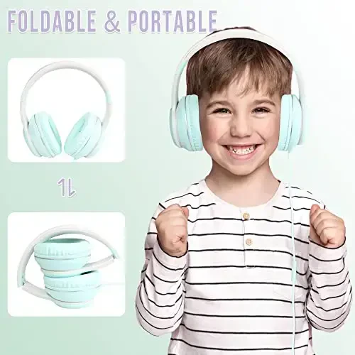 rockpapa L22 Wired Headphones for Kids Girls Boys Women with Microphone, Foldable Stereo 3.5mm Corded Headphones for School Classroom Chromebooks Computer Laptop Phone Airplane (Teal) - 4