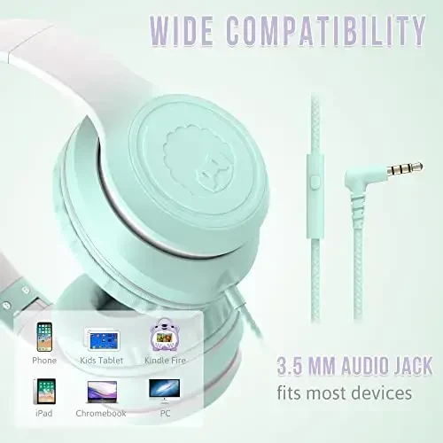rockpapa L22 Wired Headphones for Kids Girls Boys Women with Microphone, Foldable Stereo 3.5mm Corded Headphones for School Classroom Chromebooks Computer Laptop Phone Airplane (Teal) - 5