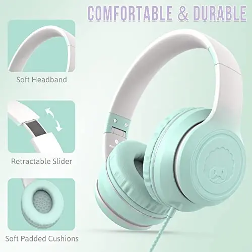 rockpapa L22 Wired Headphones for Kids Girls Boys Women with Microphone, Foldable Stereo 3.5mm Corded Headphones for School Classroom Chromebooks Computer Laptop Phone Airplane (Teal) - ROCKPAPA (1)