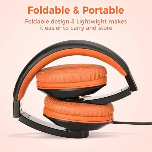 rockpapa Comfort+ Kids Headphones with Microphone, Boys Girls Student Over-Ear Headphones Wired Foldable for School Classroom Laptop PC Computer Tablet Black Orange - ROCKPAPA (1)