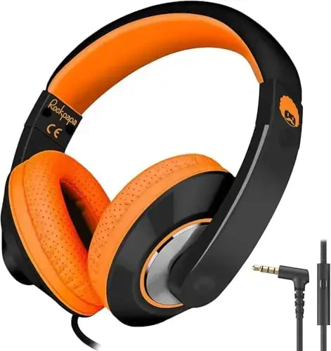rockpapa Comfort+ Kids Headphones with Microphone, Boys Girls Student Over-Ear Headphones Wired for School Classroom Laptop PC Computer Tablet Black Orange - ROCKPAPA