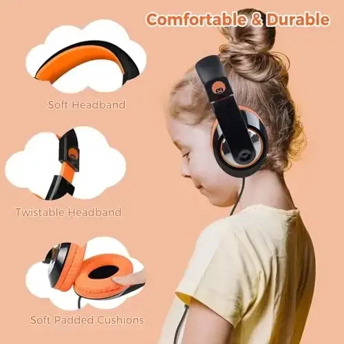 rockpapa Comfort+ Kids Headphones with Microphone, Boys Girls Student Over-Ear Headphones Wired for School Classroom Laptop PC Computer Tablet Black Orange - 2