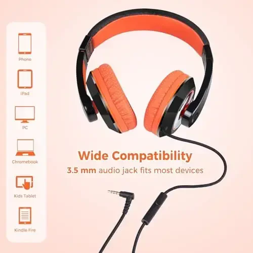 rockpapa Comfort+ Kids Headphones with Microphone, Boys Girls Student Over-Ear Headphones Wired for School Classroom Laptop PC Computer Tablet Black Orange - 3